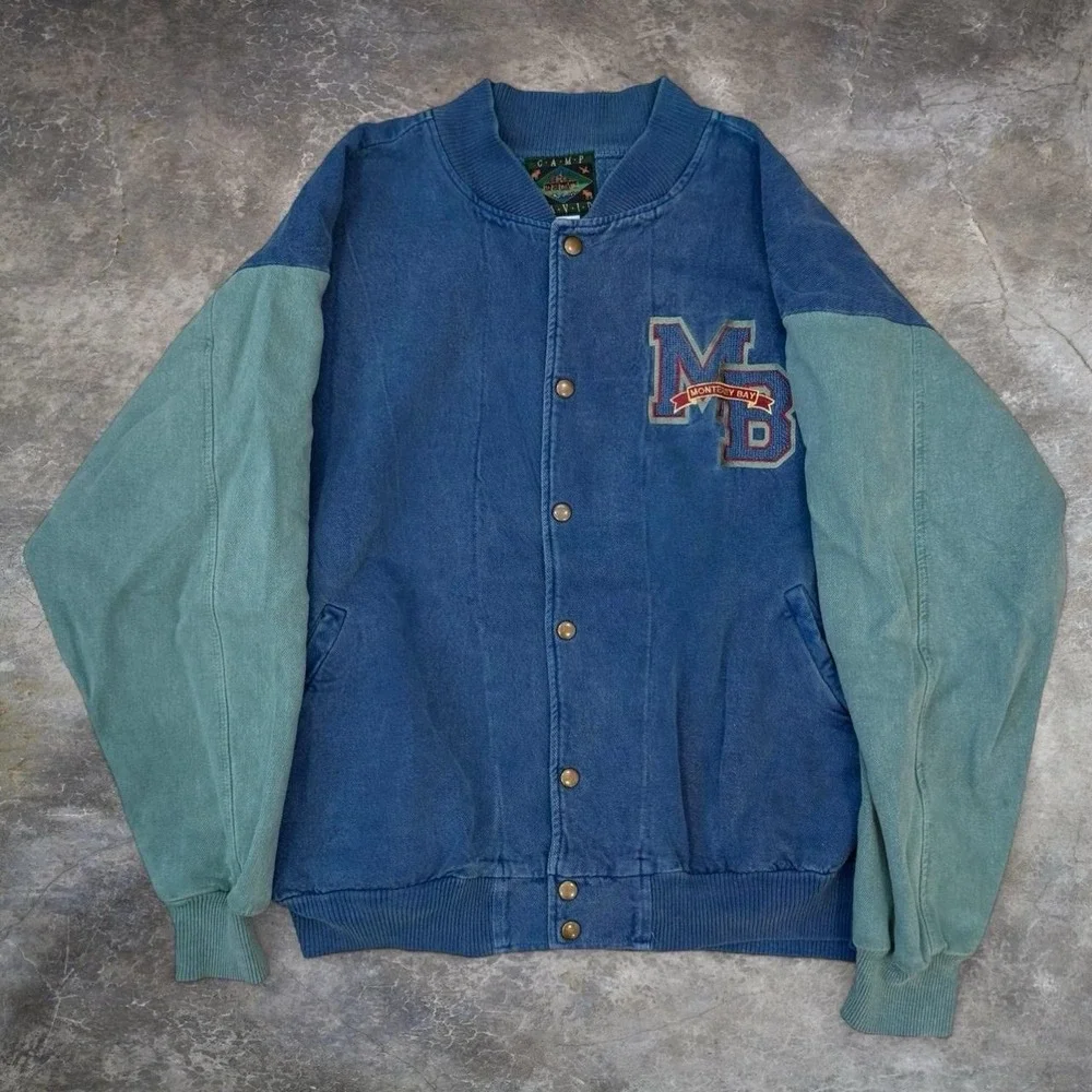 Vintage Monterey Bay California Two-Tone Colorblock Snap Varsity Jacket Men's XL